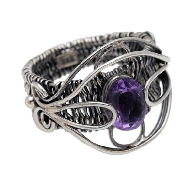 Alternate image for Artisan Made Sterling Silver Amethyst Cocktail Ring Novel Charm in Purple