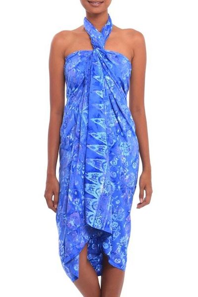 Alternate image for Floral Motif Batik Rayon Sarong in Blue from Bali Pastel Blue Flowers