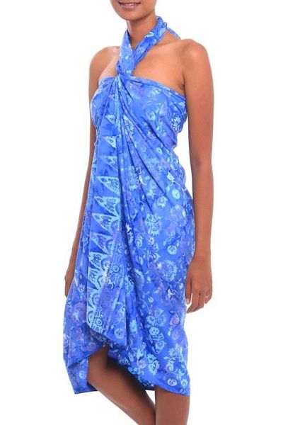 Alternate image for Floral Motif Batik Rayon Sarong in Blue from Bali Pastel Blue Flowers