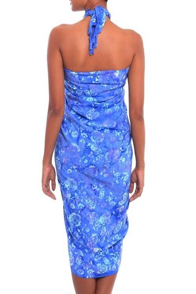 Alternate image for Floral Motif Batik Rayon Sarong in Blue from Bali Pastel Blue Flowers