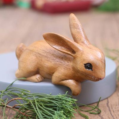 Main image for Handcrafted Suar Wood Rabbit Sculpture in Brown from Bali Curious Rabbit in Brown