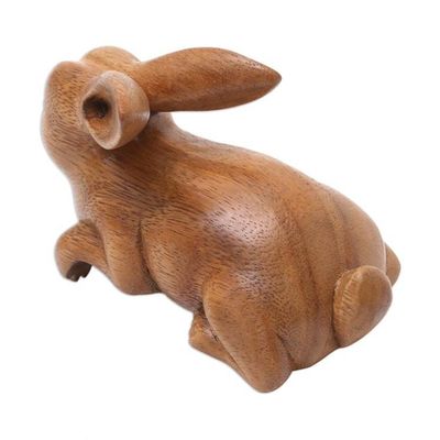 Alternate image for Handcrafted Suar Wood Rabbit Sculpture in Brown from Bali Curious Rabbit in Brown