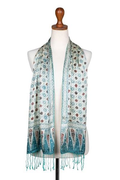 Alternate image for Floral Batik-Themed Jade Green 100 Silk Scarf with Gift Box Jade of Jasmine