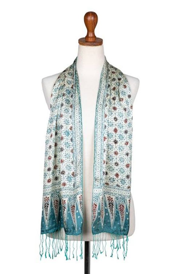 Alternate image for Floral Batik-Themed Jade Green 100 Silk Scarf with Gift Box Jade of Jasmine