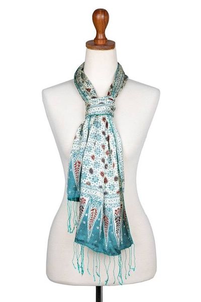 Alternate image for Floral Batik-Themed Jade Green 100 Silk Scarf with Gift Box Jade of Jasmine