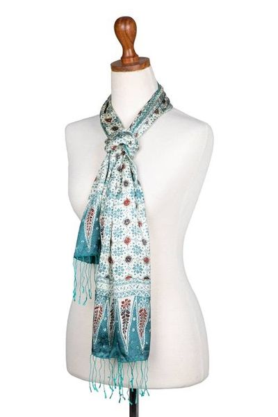 Alternate image for Floral Batik-Themed Jade Green 100 Silk Scarf with Gift Box Jade of Jasmine