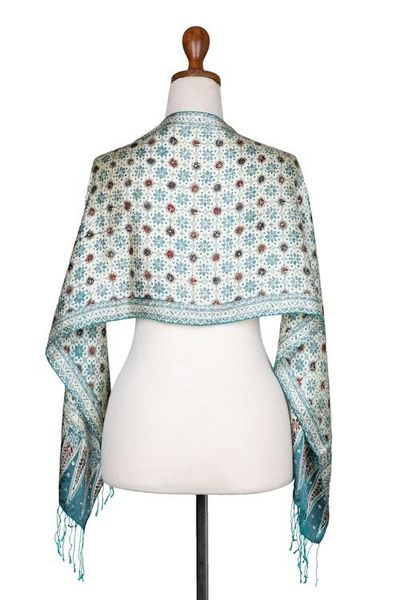 Alternate image for Floral Batik-Themed Jade Green 100 Silk Scarf with Gift Box Jade of Jasmine