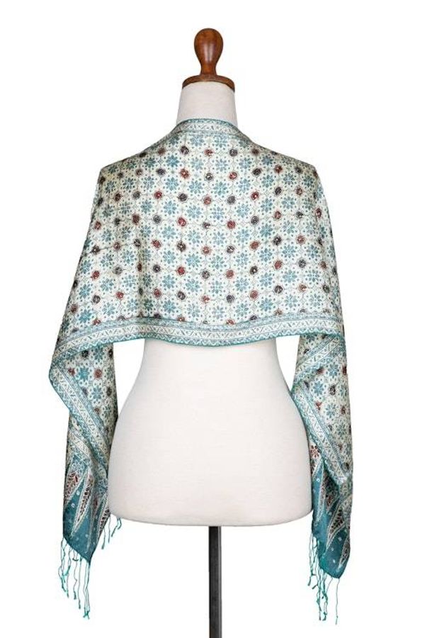 Alternate image for Floral Batik-Themed Jade Green 100 Silk Scarf with Gift Box Jade of Jasmine