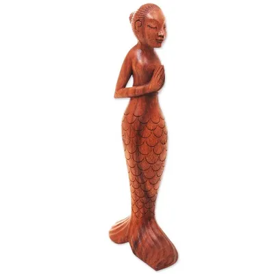 Alternate image for Balinese Yoga Mermaid Hand Carved Signed Wood Sculpture Namaste Mermaid