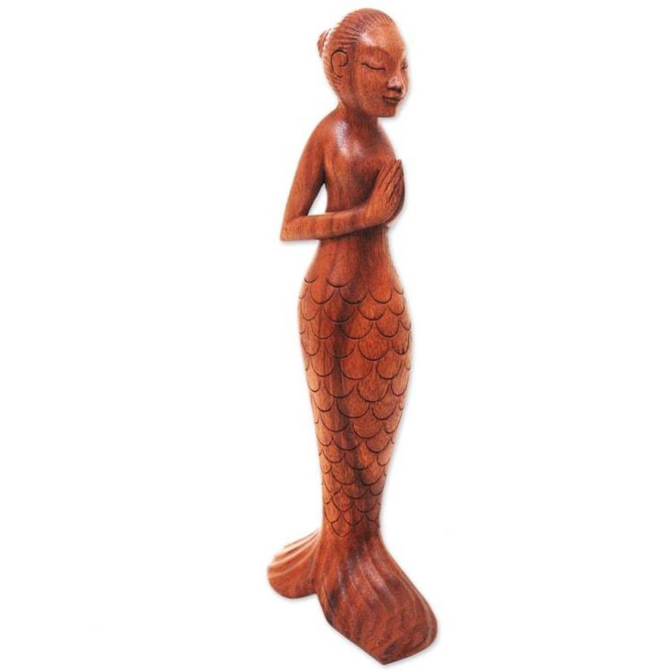Balinese Yoga Mermaid Hand Carved Signed Wood Sculpture 'Namaste Mermaid'