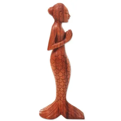 Alternate image for Balinese Yoga Mermaid Hand Carved Signed Wood Sculpture Namaste Mermaid