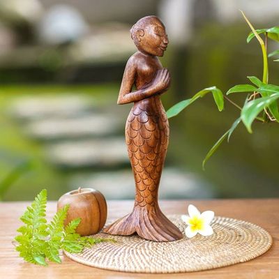 Alternate image for Balinese Yoga Mermaid Hand Carved Signed Wood Sculpture Namaste Mermaid