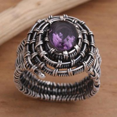 Primary image for Handmade Amethyst Sterling Silver Cocktail Ring Guarded Wire in Purple