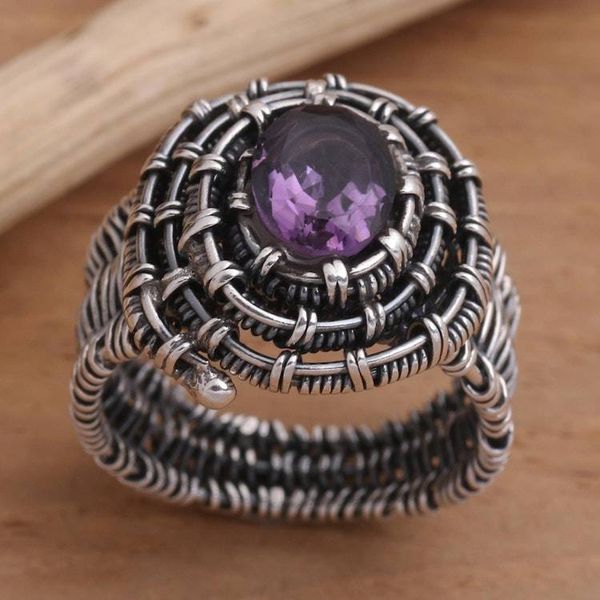 Alternate image for Handmade Amethyst Sterling Silver Cocktail Ring Guarded Wire in Purple