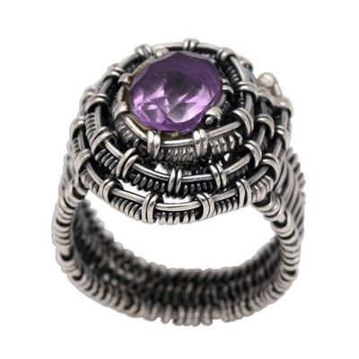 Alternate image for Handmade Amethyst Sterling Silver Cocktail Ring Guarded Wire in Purple