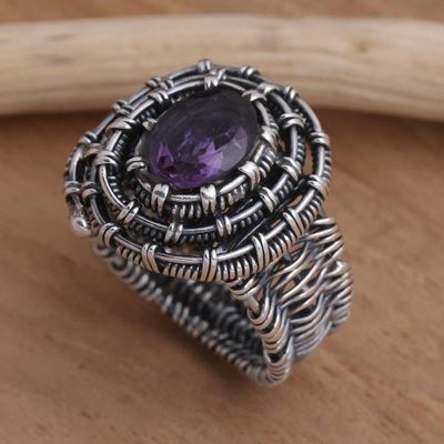 Alternate image for Handmade Amethyst Sterling Silver Cocktail Ring Guarded Wire in Purple