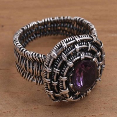 Alternate image for Handmade Amethyst Sterling Silver Cocktail Ring Guarded Wire in Purple