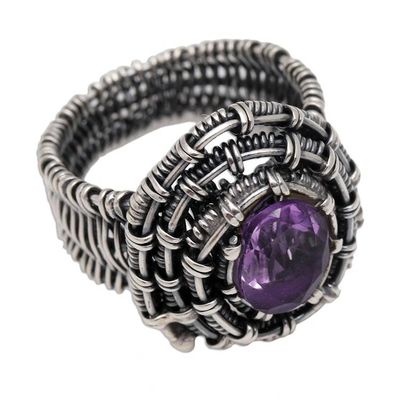 Alternate image for Handmade Amethyst Sterling Silver Cocktail Ring Guarded Wire in Purple