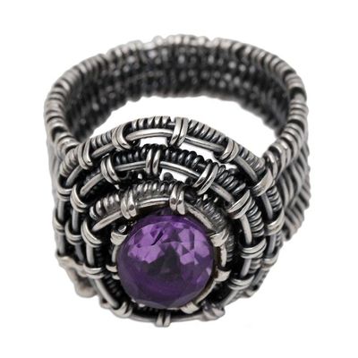 Alternate image for Handmade Amethyst Sterling Silver Cocktail Ring Guarded Wire in Purple