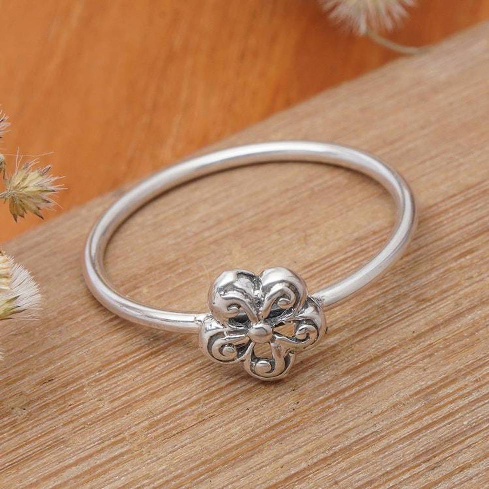Spiral-Patterned Floral Sterling Silver Band Ring from Bali 'Small Curls'
