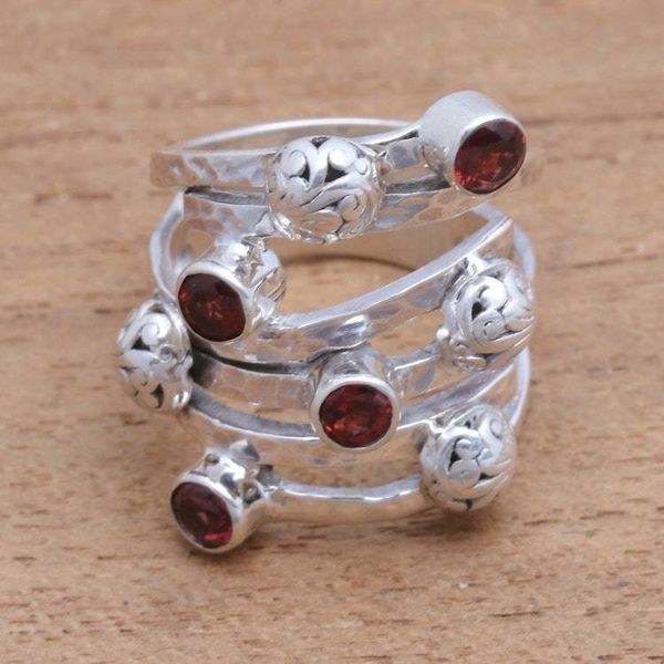 Alternate image for Handcrafted Wide Sterling Silver and Garnet Ring from Bali Exuberant Beauty