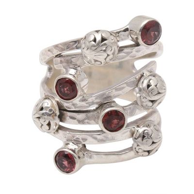 Alternate image for Handcrafted Wide Sterling Silver and Garnet Ring from Bali Exuberant Beauty