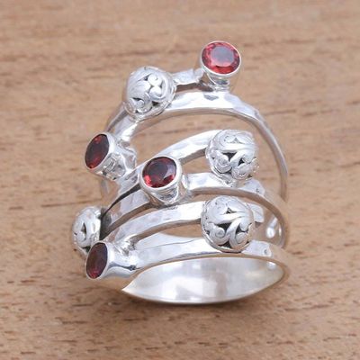 Alternate image for Handcrafted Wide Sterling Silver and Garnet Ring from Bali Exuberant Beauty
