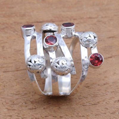 Alternate image for Handcrafted Wide Sterling Silver and Garnet Ring from Bali Exuberant Beauty