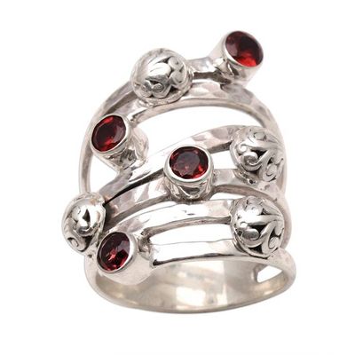 Alternate image for Handcrafted Wide Sterling Silver and Garnet Ring from Bali Exuberant Beauty