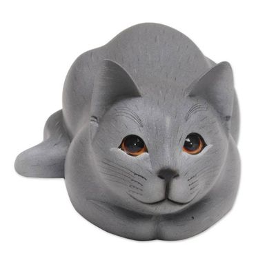 Alternate image for Hand-Carved Resting Wood Cat Sculpture in Grey from Bali Resting Kitty in Grey