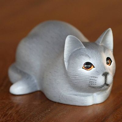 Alternate image for Hand-Carved Resting Wood Cat Sculpture in Grey from Bali Resting Kitty in Grey