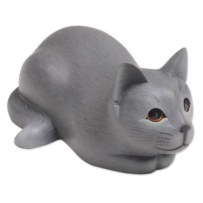 Alternate image for Hand-Carved Resting Wood Cat Sculpture in Grey from Bali Resting Kitty in Grey