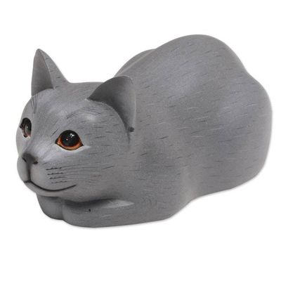 Alternate image for Hand-Carved Resting Wood Cat Sculpture in Grey from Bali Resting Kitty in Grey