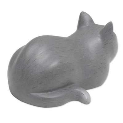 Alternate image for Hand-Carved Resting Wood Cat Sculpture in Grey from Bali Resting Kitty in Grey