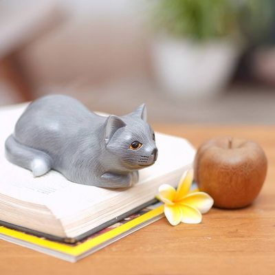 Alternate image for Hand-Carved Resting Wood Cat Sculpture in Grey from Bali Resting Kitty in Grey