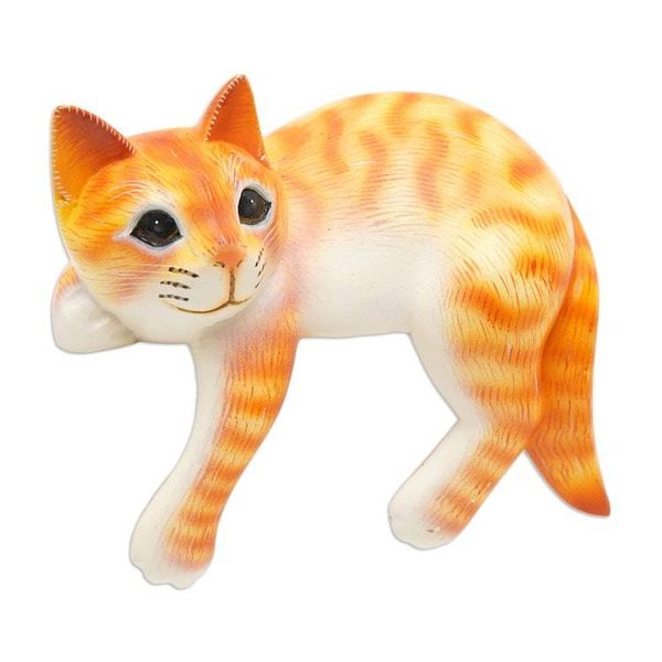 Alternate image for Painted Wood Hanging Sculpture of an Orange Cat from Bali Orange Cat Relaxes