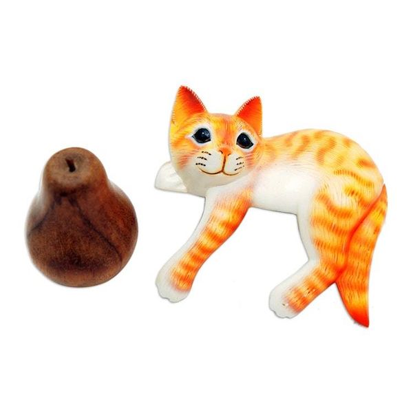 Alternate image for Painted Wood Hanging Sculpture of an Orange Cat from Bali Orange Cat Relaxes