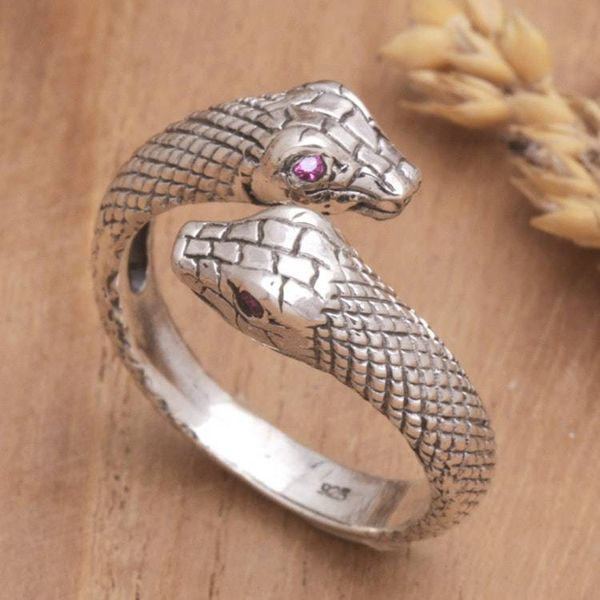 Alternate image for Mens Amethyst and Sterling Silver Snake Ring from Bali Honeymoon Snake