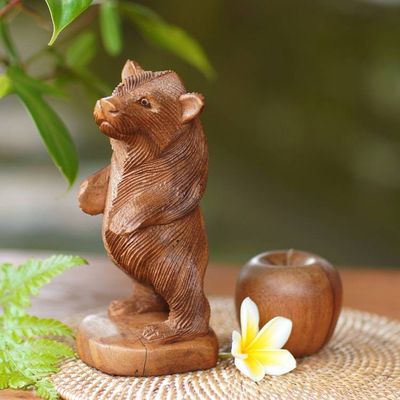 Alternate image for Hand Carved Wood Statuette of Standing Brown Bear Inquisitive Brown Bear