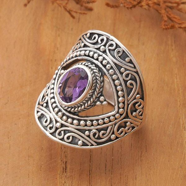 Alternate image for Artisan-Made Folk Art Faceted Oval Amethyst Cocktail Ring Eye for Wisdom