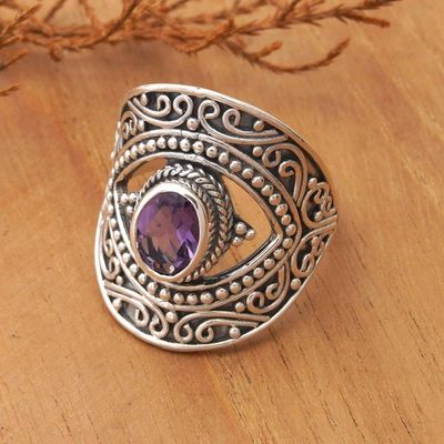 Alternate image for Artisan-Made Folk Art Faceted Oval Amethyst Cocktail Ring Eye for Wisdom