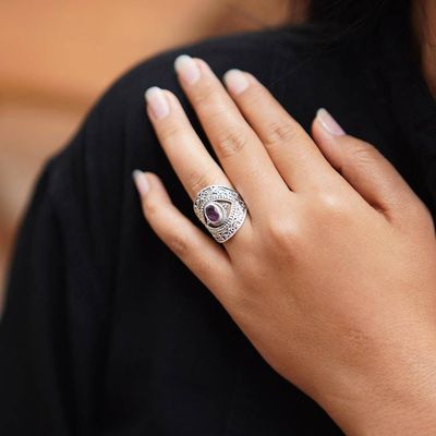 Alternate image for Artisan-Made Folk Art Faceted Oval Amethyst Cocktail Ring Eye for Wisdom