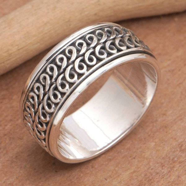 Alternate image for Mens Traditional Balinese Sterling Silver Band Ring Tanah Lot Waves