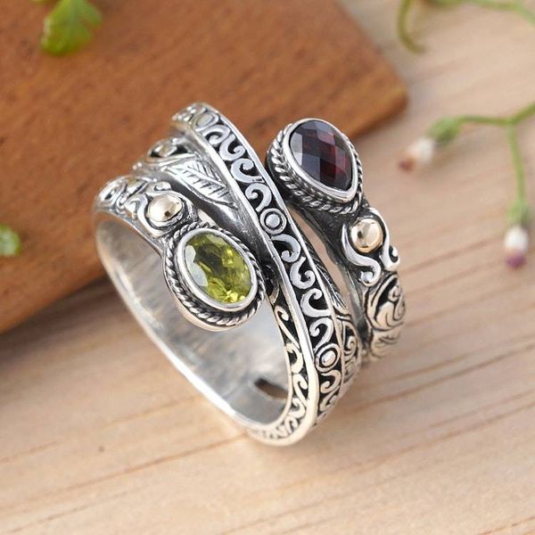 Alternate image for Gold-Accented Silver Cocktail Ring with Garnet Peridot Gems Regal Radiance