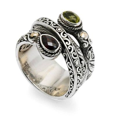 Alternate image for Gold-Accented Silver Cocktail Ring with Garnet Peridot Gems Regal Radiance
