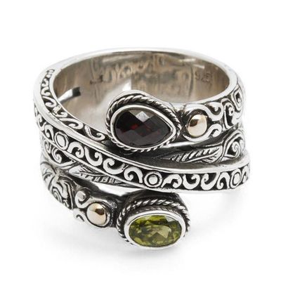 Alternate image for Gold-Accented Silver Cocktail Ring with Garnet Peridot Gems Regal Radiance