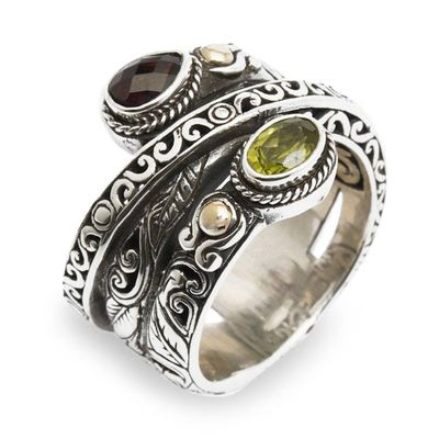 Alternate image for Gold-Accented Silver Cocktail Ring with Garnet Peridot Gems Regal Radiance