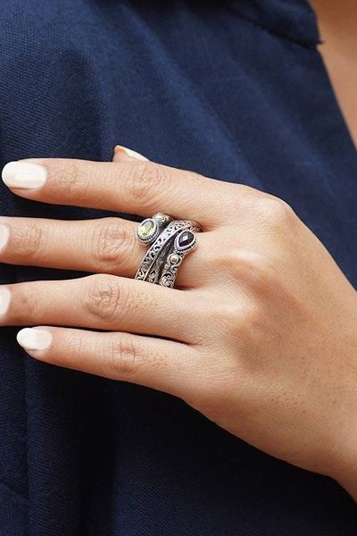 Alternate image for Gold-Accented Silver Cocktail Ring with Garnet Peridot Gems Regal Radiance