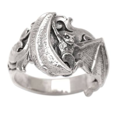 Alternate image for Bat-Themed Sterling Silver Cocktail Ring Made in Bali Bat in Motion