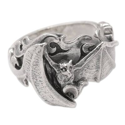Alternate image for Bat-Themed Sterling Silver Cocktail Ring Made in Bali Bat in Motion
